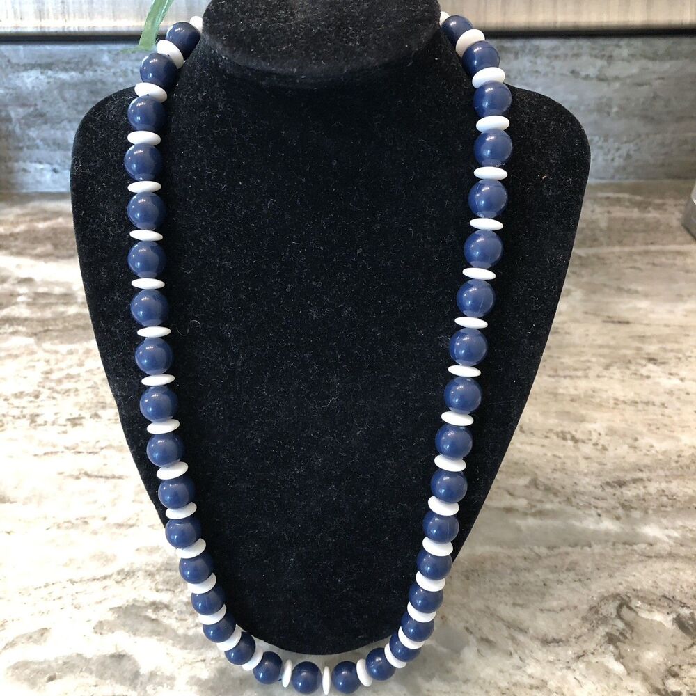 Vintage Navy and White Beaded Plastic Necklace